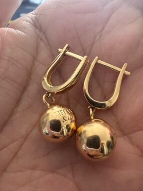 18K real Gold Ball Dangle Hoop Earrings